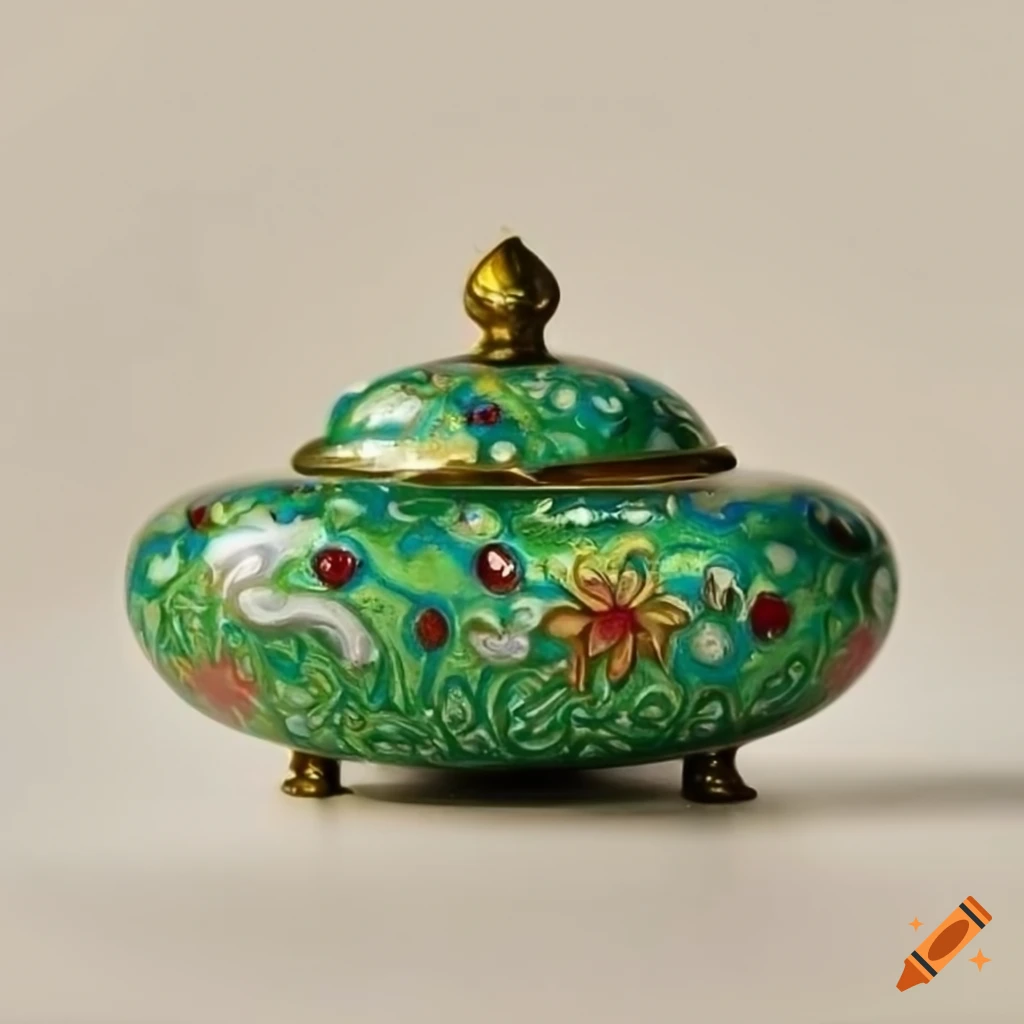 Closeup of a handpainted green cloisonné candy dish