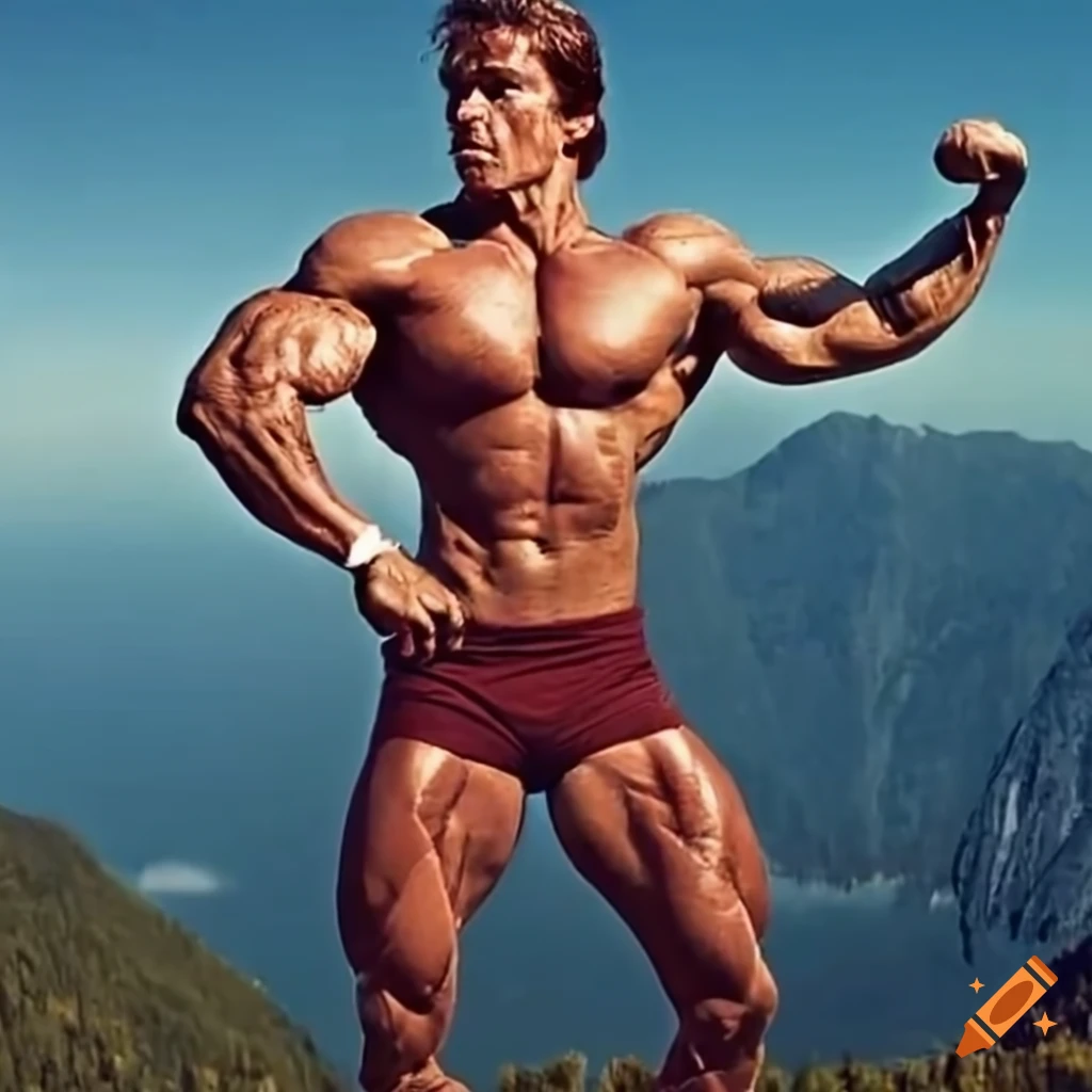Arnold schwarzenegger flexing muscles on a mountain on Craiyon