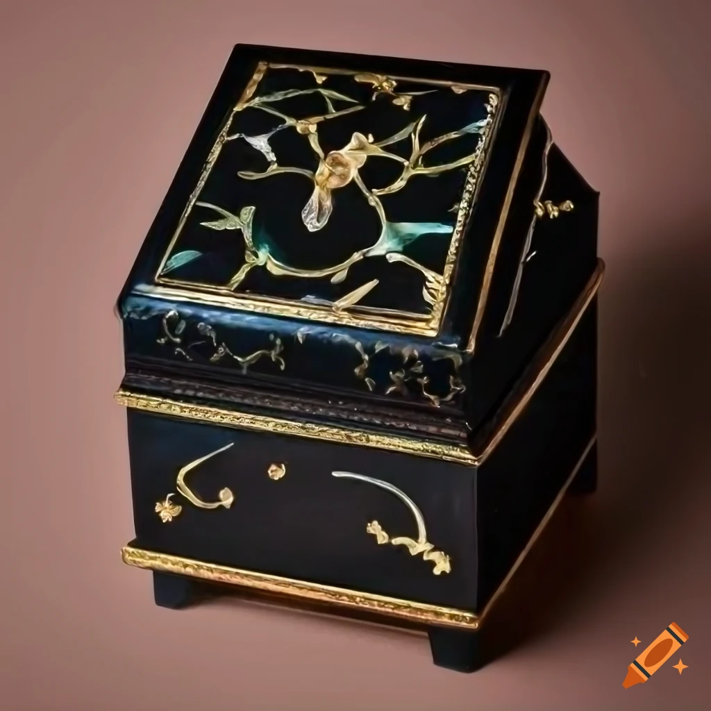 closeup of a black lacquered mother of pearl jewelry box