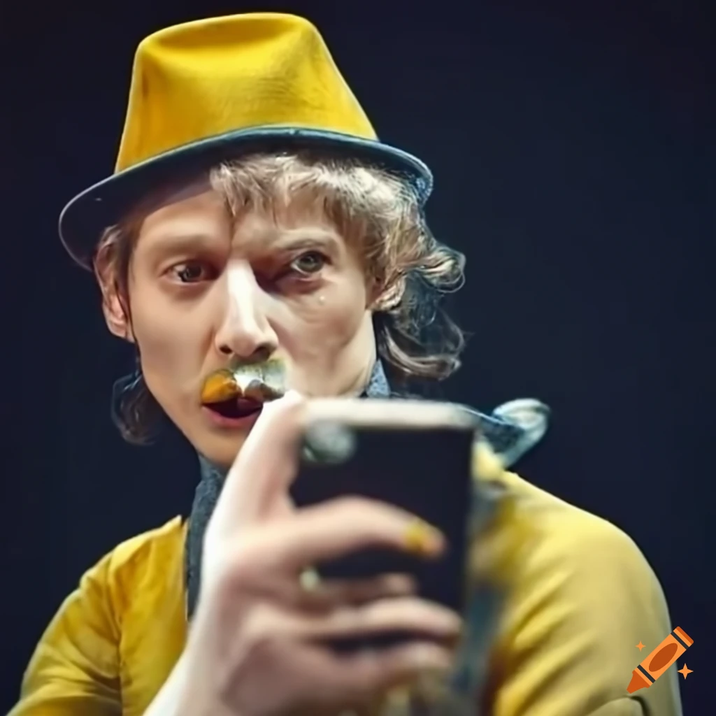 theatrical man in yellow striped clothing and fedora