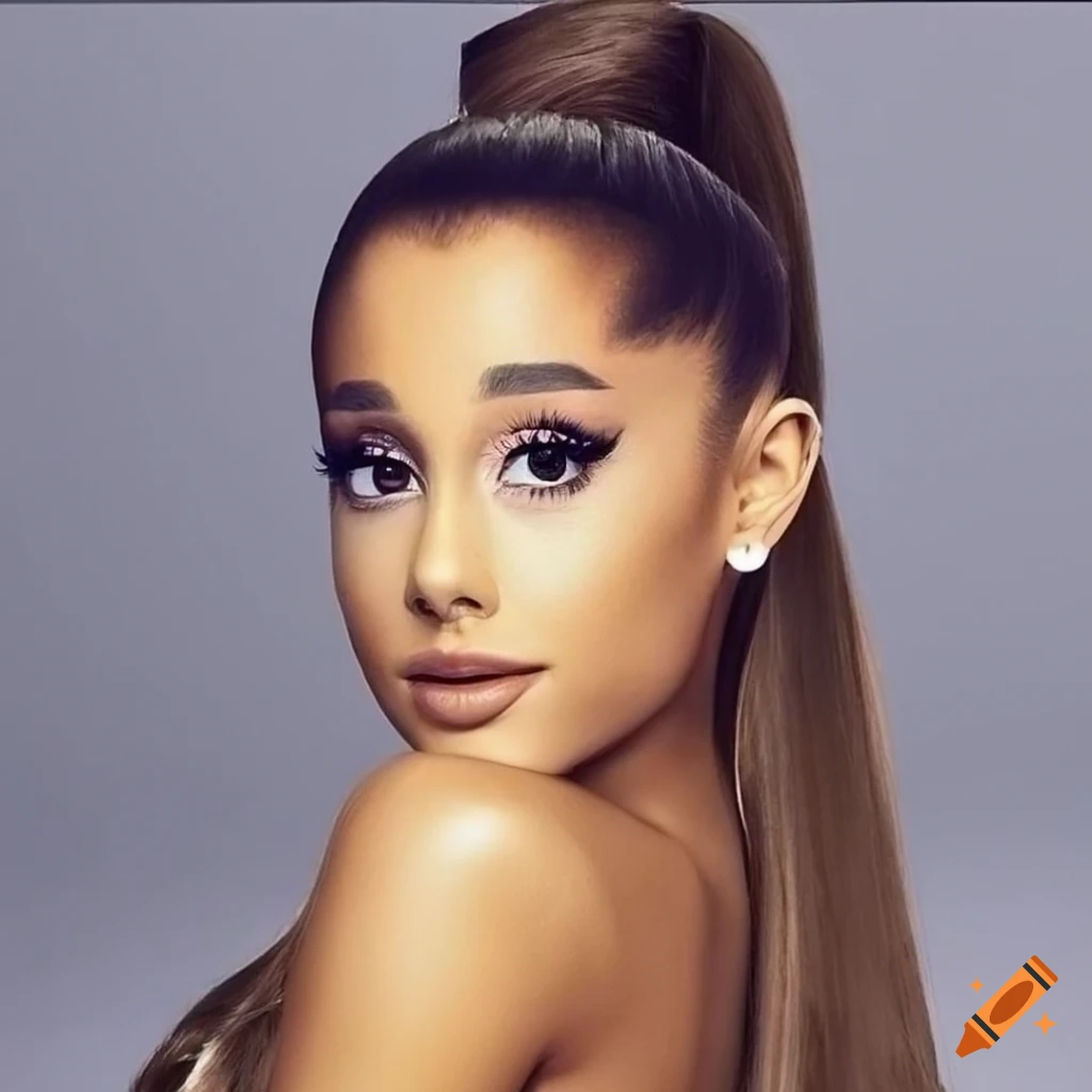realistic portrait of Ariana Grande with blonde hair and a tight ponytail