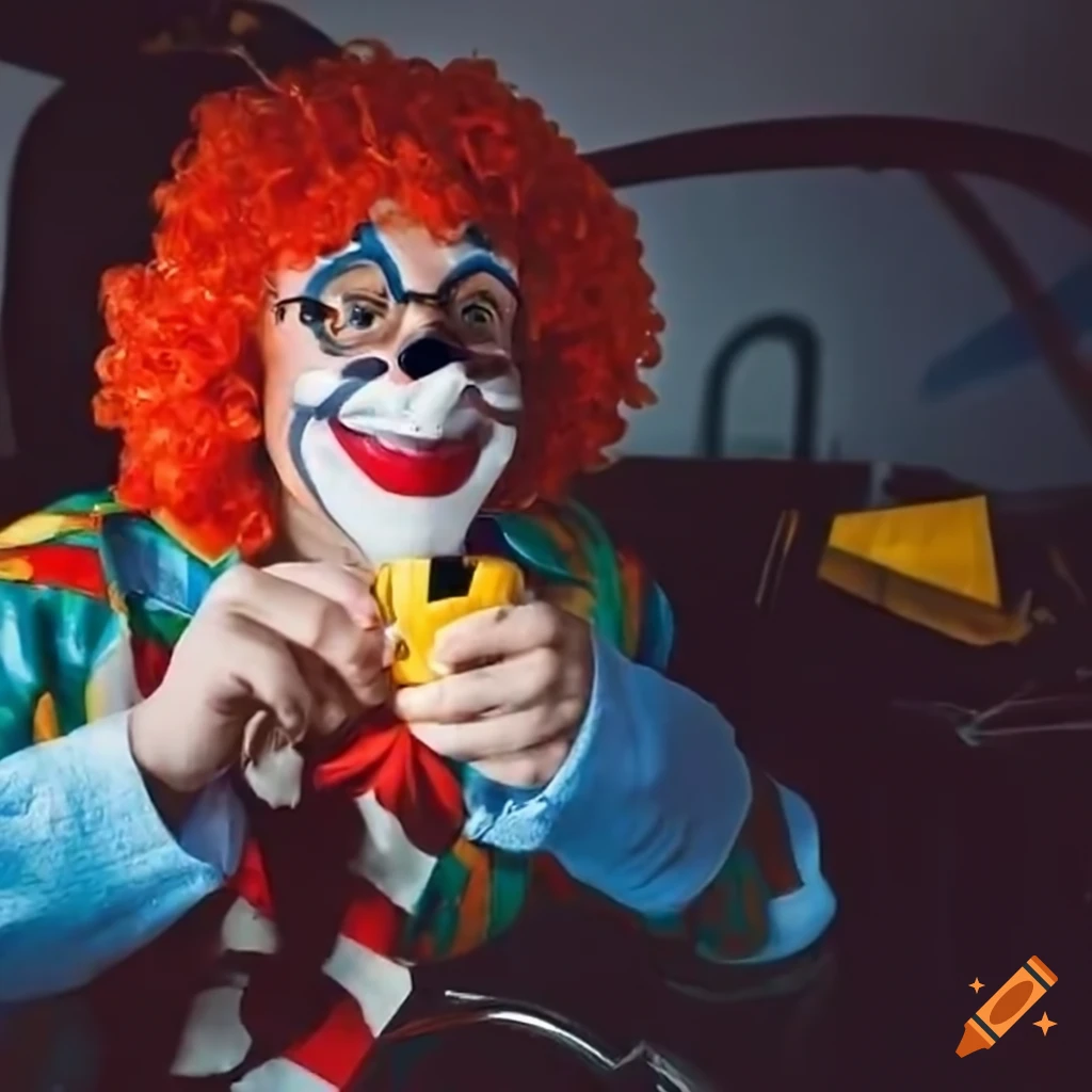 clown eating cereal in a helicopter