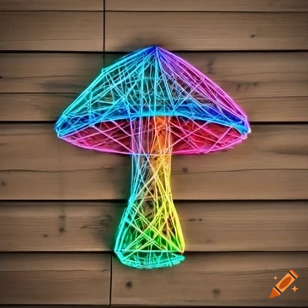 Colored string art mushroom on wooden wall on Craiyon