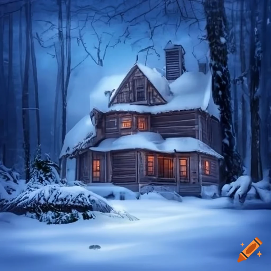 snow-covered wooden mansion surrounded by forest