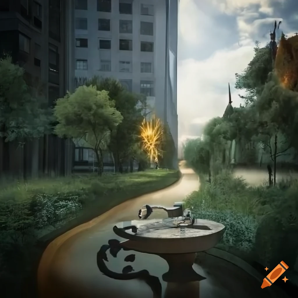 image of a gothic futuristic urban park with surreal elements