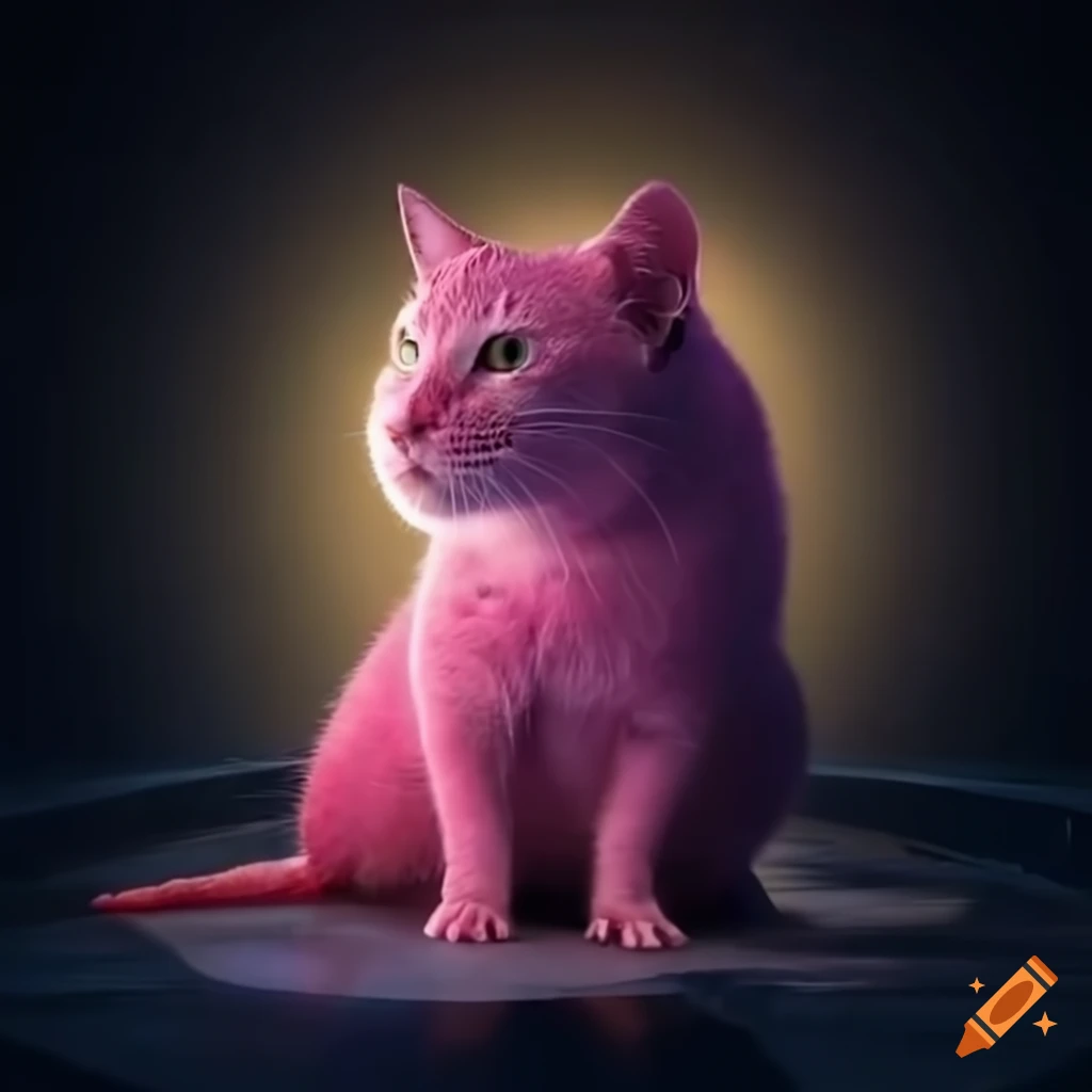 Futuristic scene with a pink cat sitting under the full moon's light