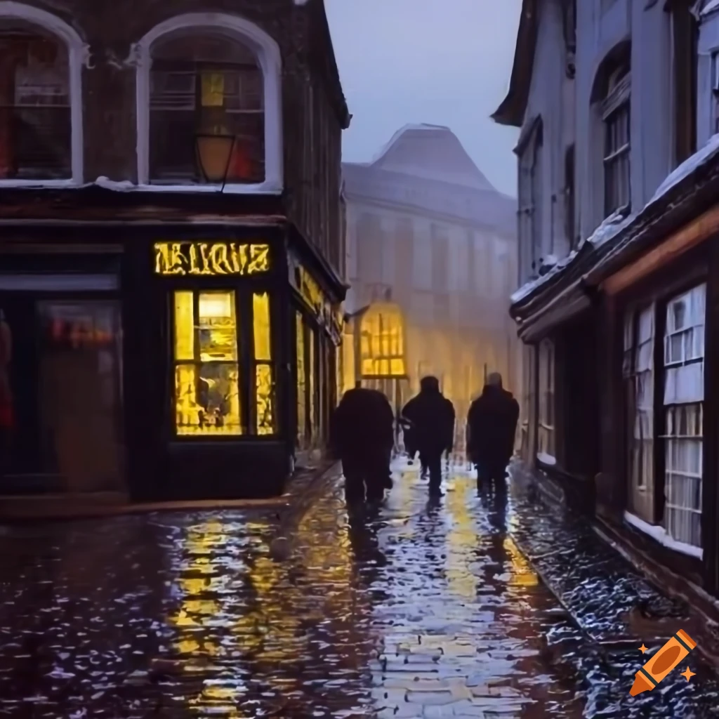 winter night scene with wet cobbled streets and gaslight