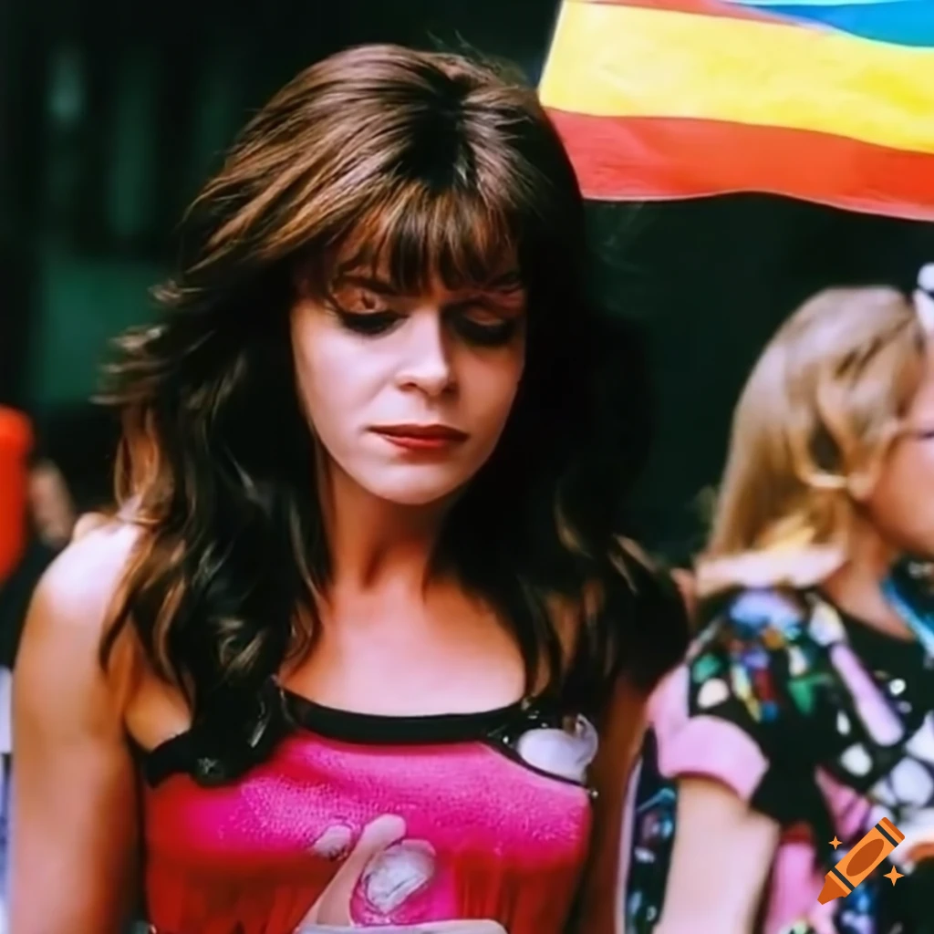 Jane Leeves at a pride parade with a Powerpuff Girls shirt