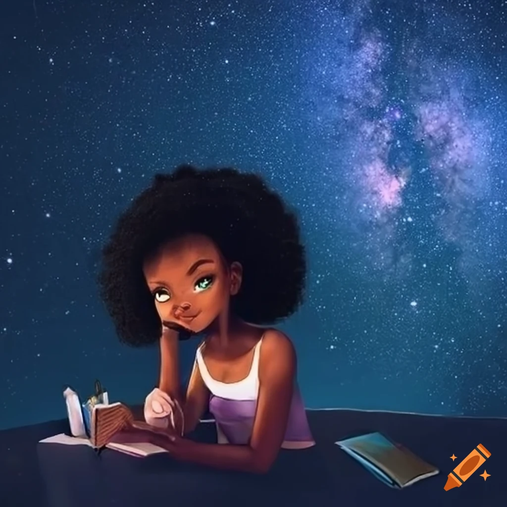 Starry night sky with a girl studying on Craiyon