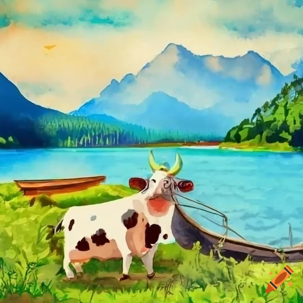 Cartoon cow near a boat with mountain view