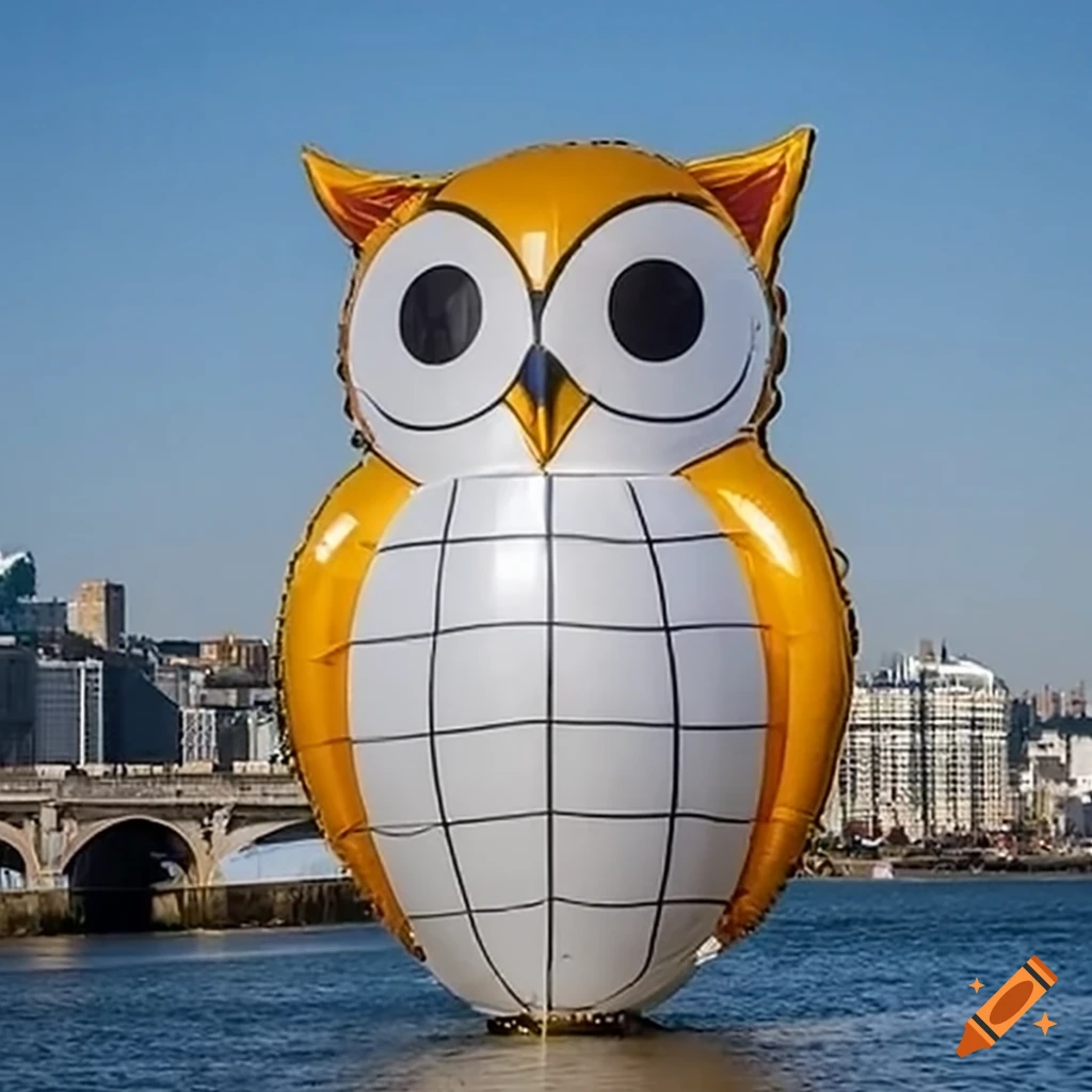 gigantic owl-shaped helium balloon above the urban landscape