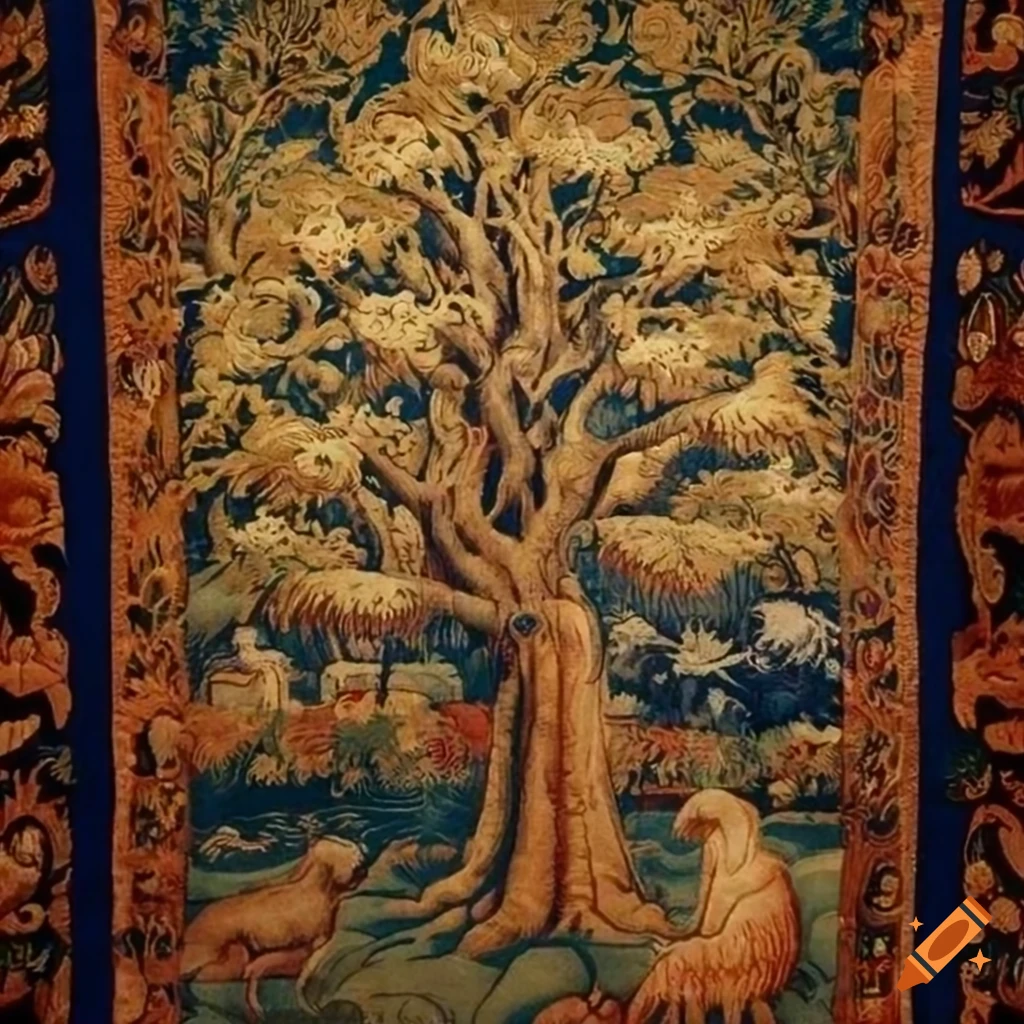 medieval tapestry with tree and woodland creatures