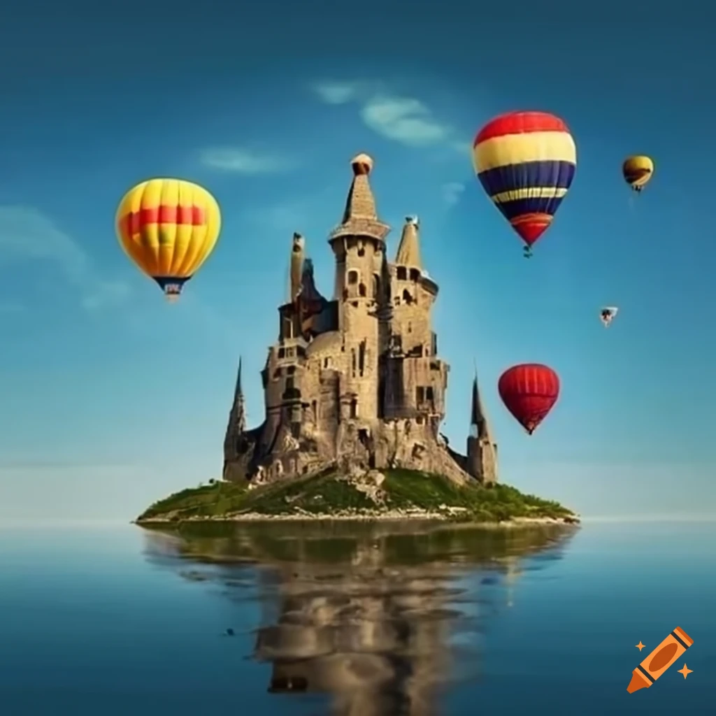 floating castle with hot air balloons