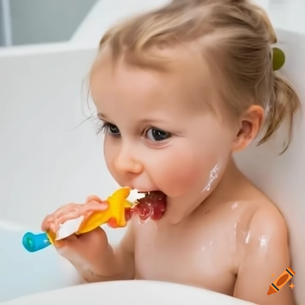 toddler girl enjoying a white popsicle in the bath
