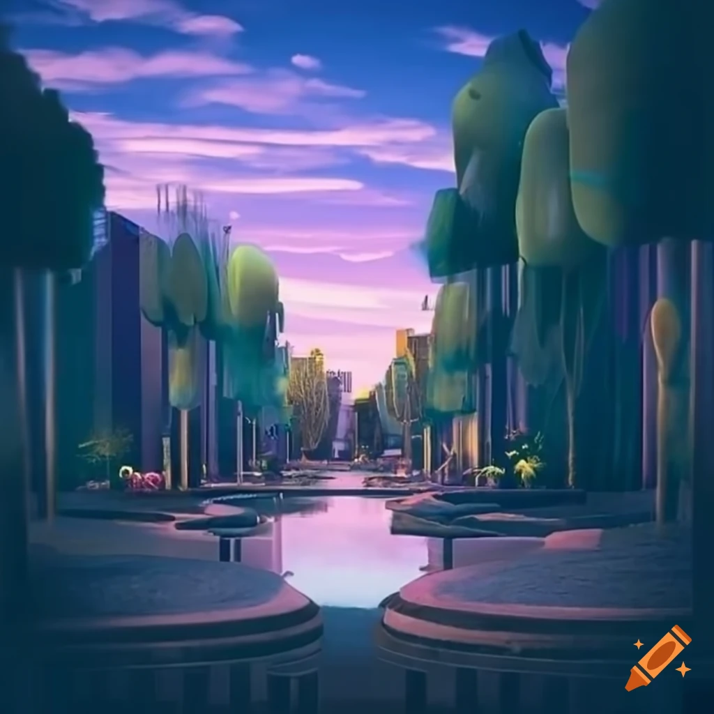 surreal urban park with magical elements