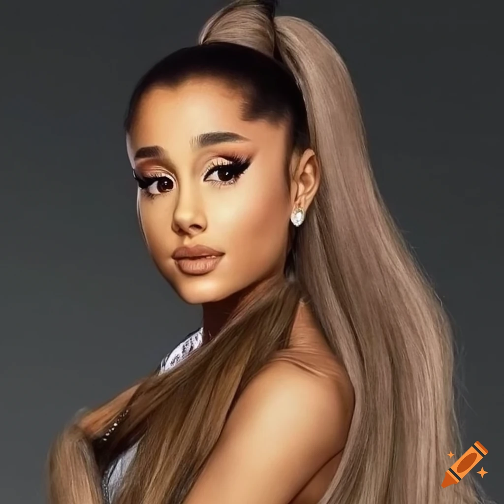 realistic portrait of Ariana Grande with high ponytail and boa