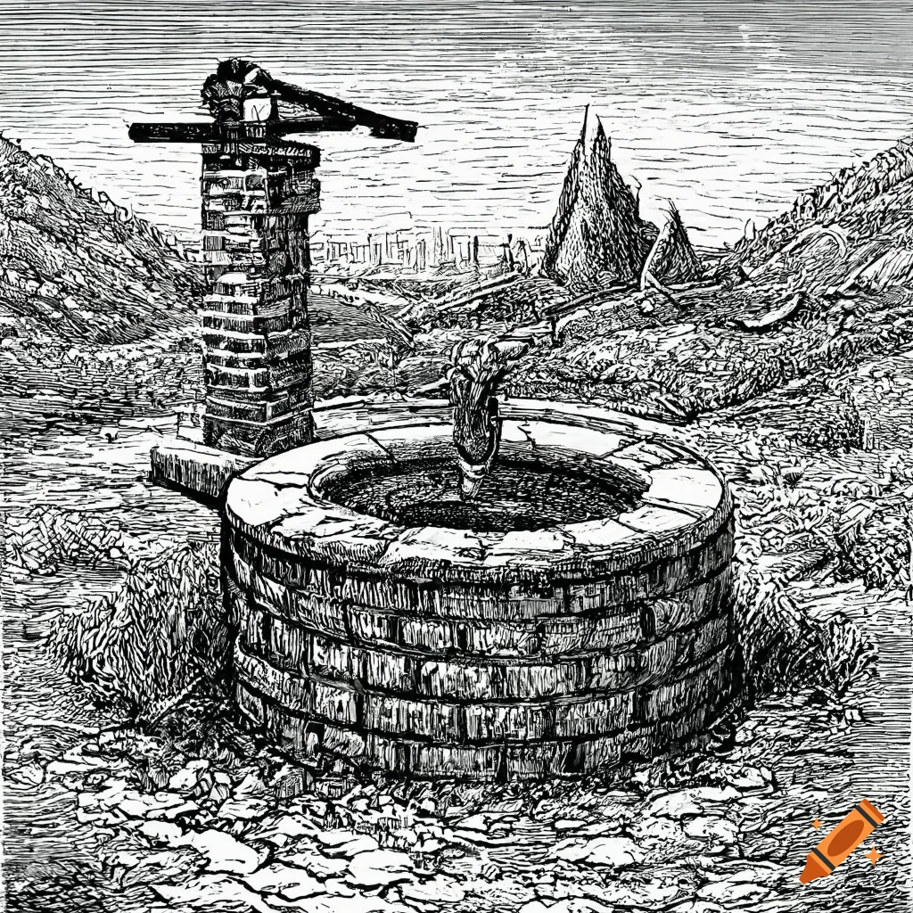 highly detailed lineart illustration of a well in a field