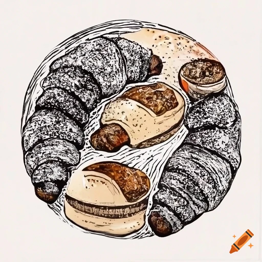 linocut of various baked goods