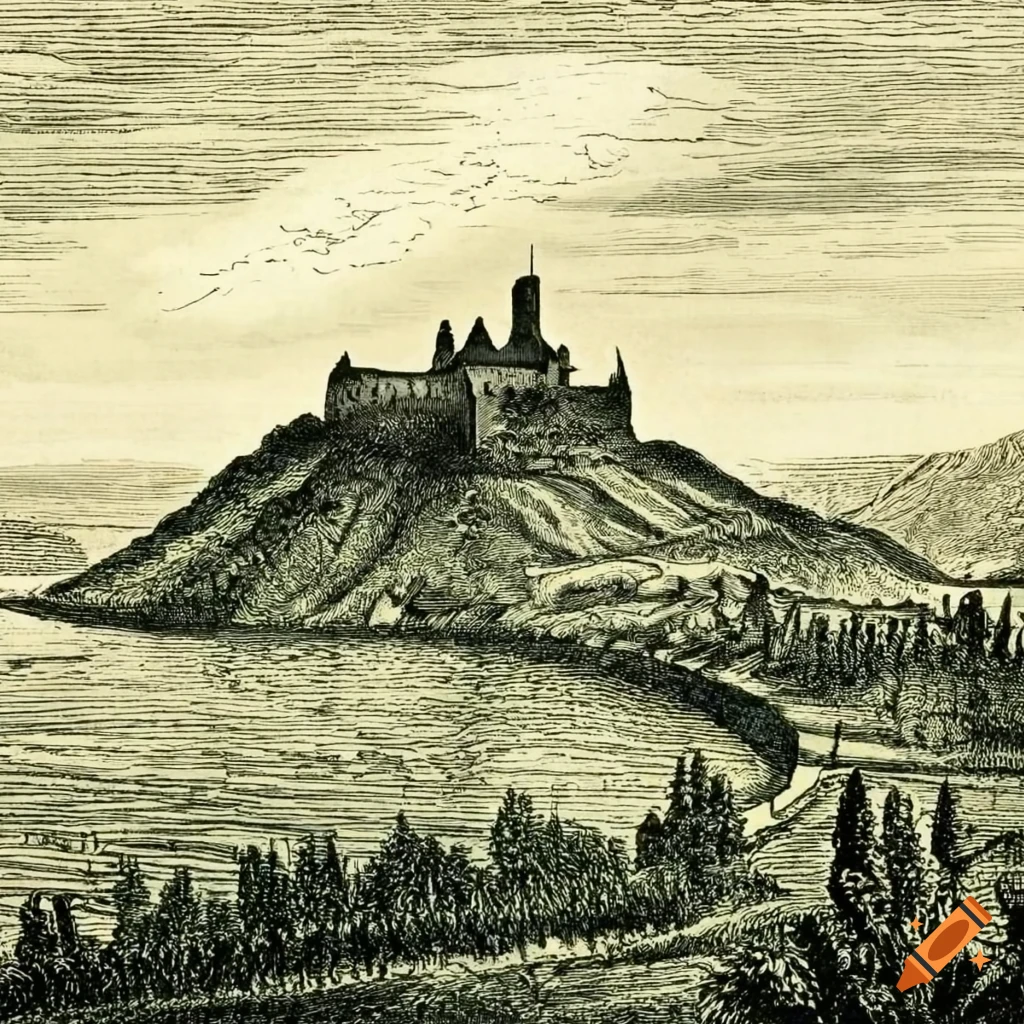 engraving of Moselle landscape with vineyards and castle