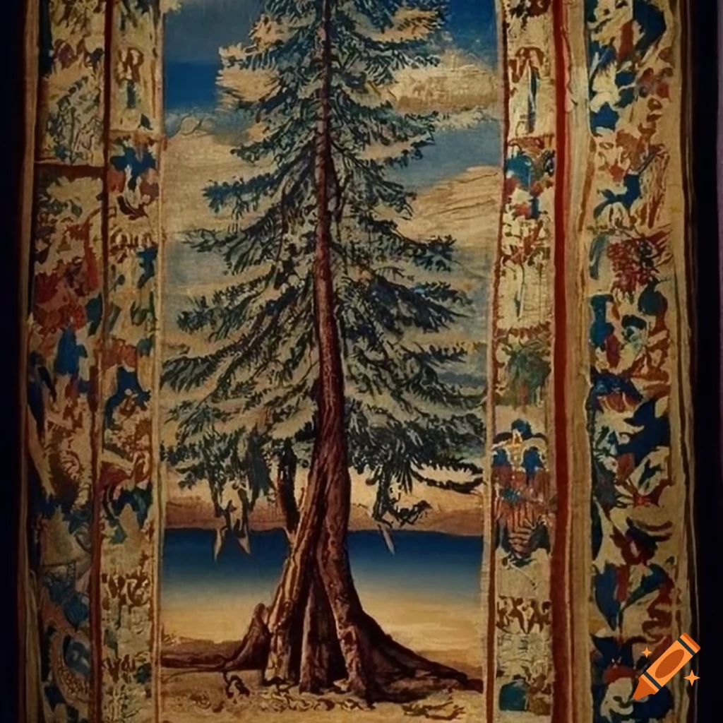 medieval tapestry of a pine tree at night