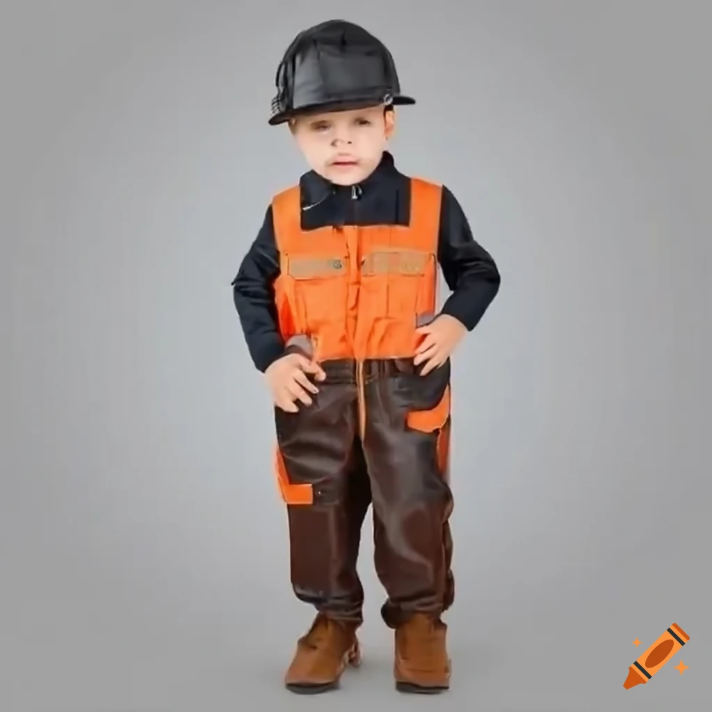 toddler boy in leather workwear outfit on building site