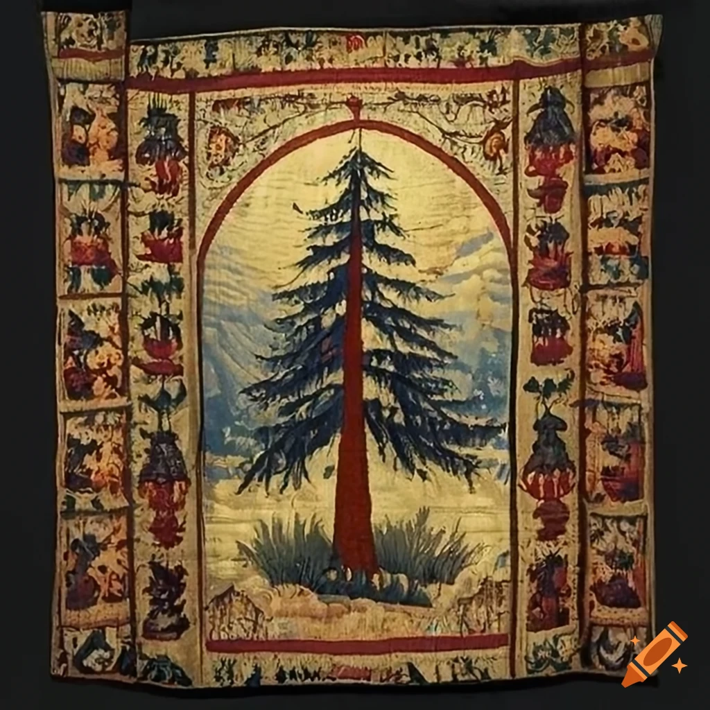 medieval tapestry depicting a pine tree in the night