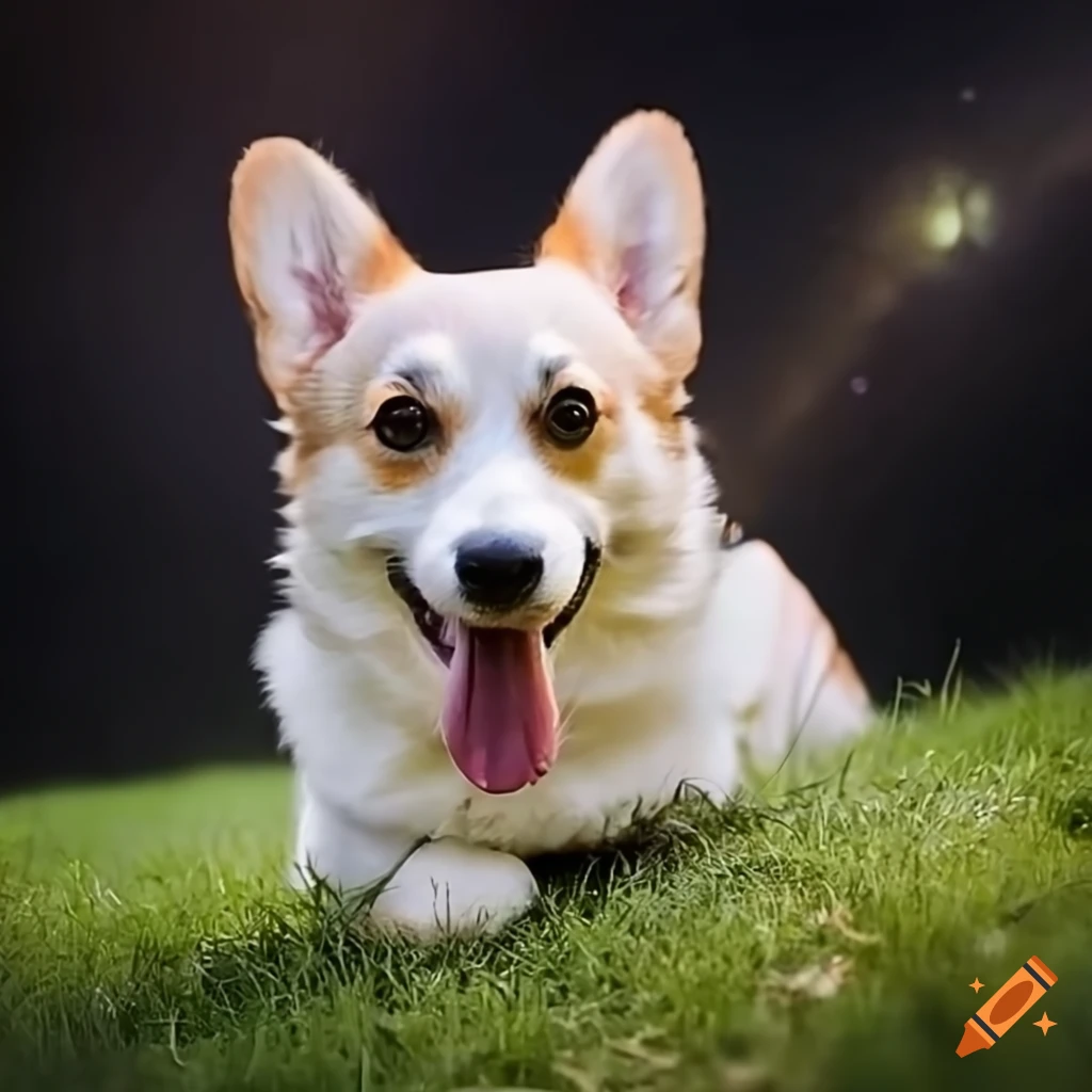 Corgi with blue eyes sitting in the grass with a lizard under a starry sky