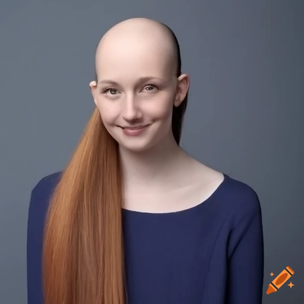 young woman's transformation from having long hair to being bald
