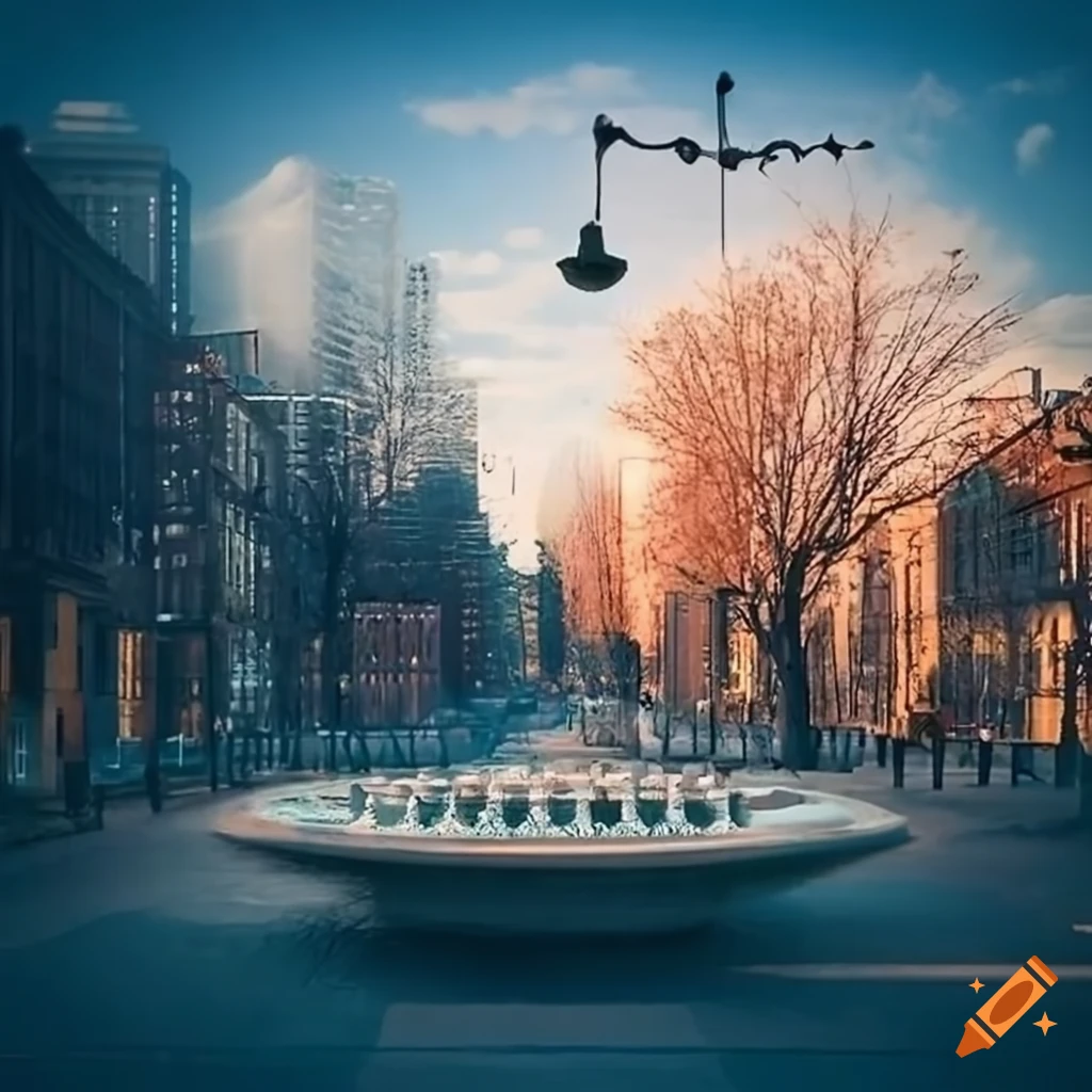 surrealist urban park with ornamental fences and lamps with eyes