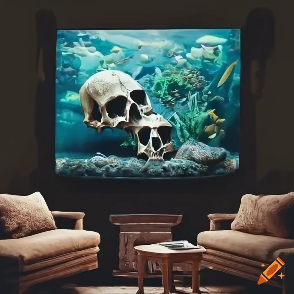 Punk living room with animal skulls, vintage wallpaper, lamp and aquarium