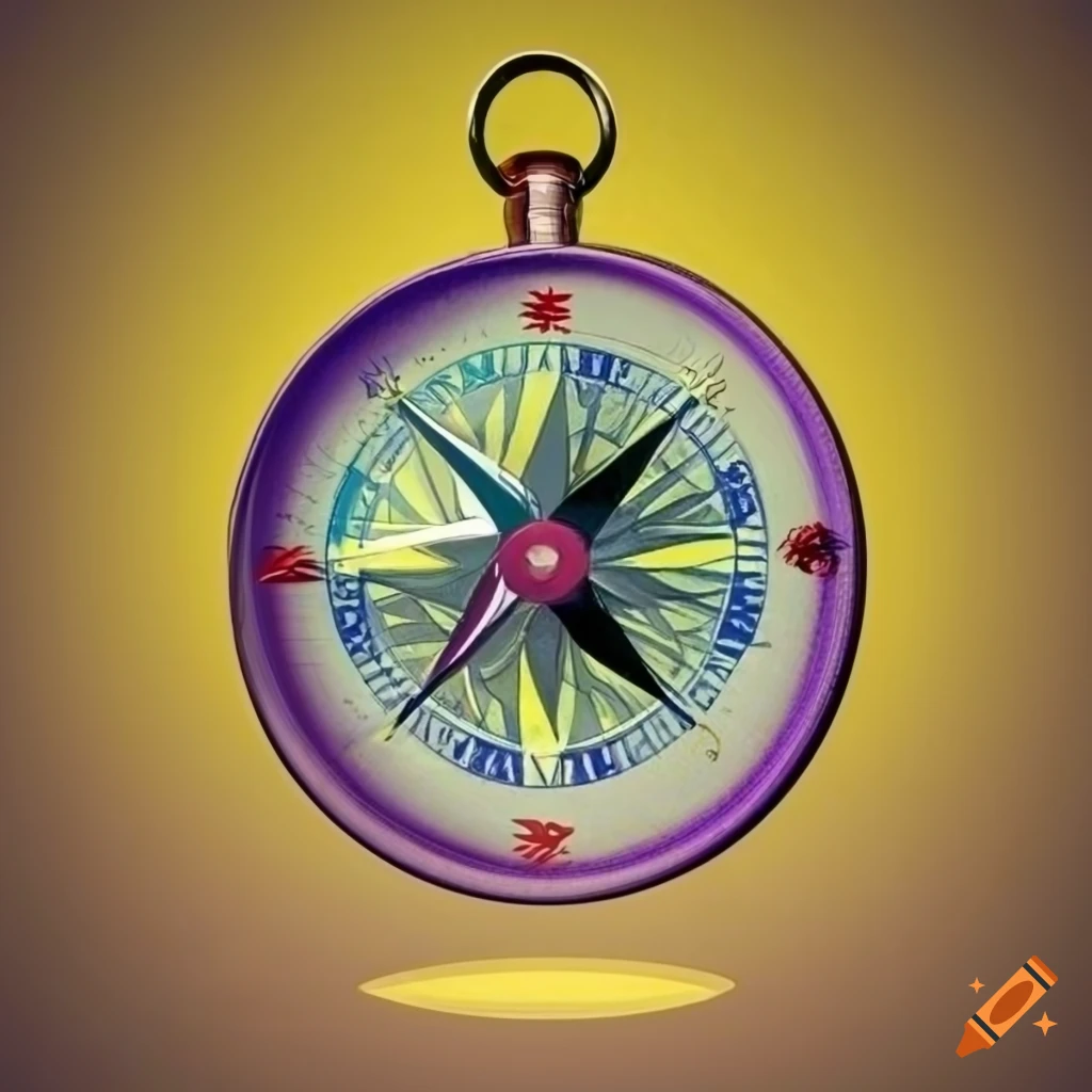 yellow background with compass pointing northeast and horse and dove