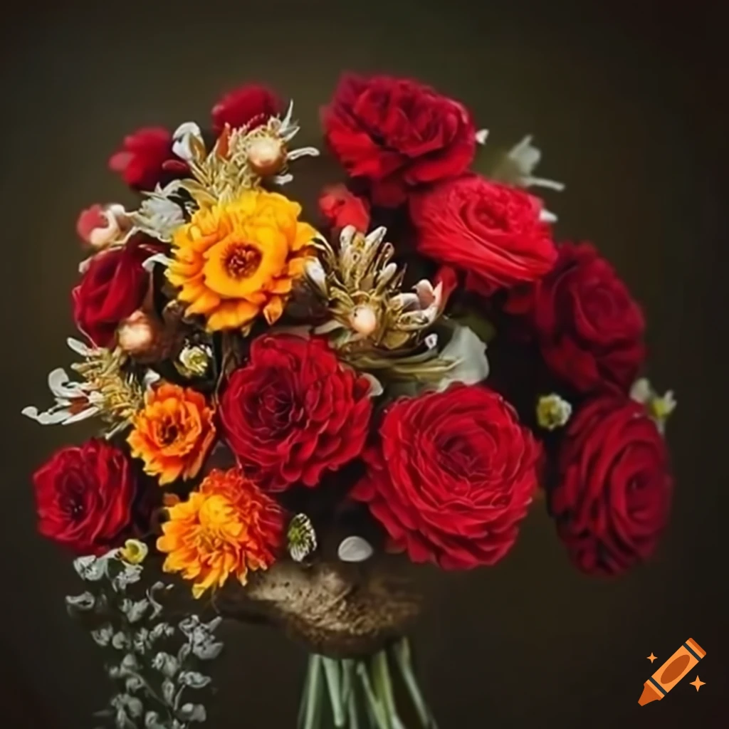 Colorful bouquet of roses, marigold, aloe flower and red chrysanthemum
