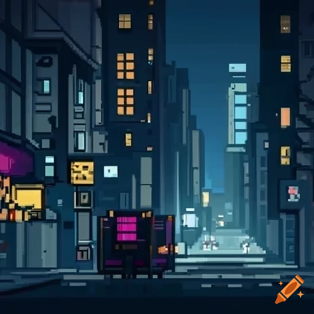 Pixel art of a spooky night scene in city streets