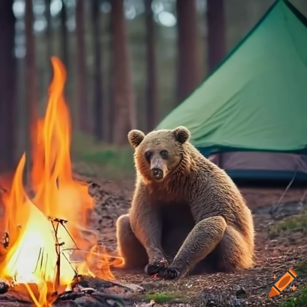 camping in the forest with a bear and a burning tent