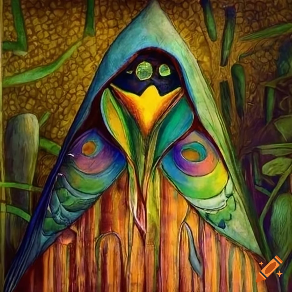 storybook illustration of a Raven in a colorful feather cloak