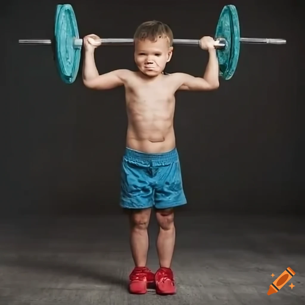 photo of a young boy lifting a heavy barbell