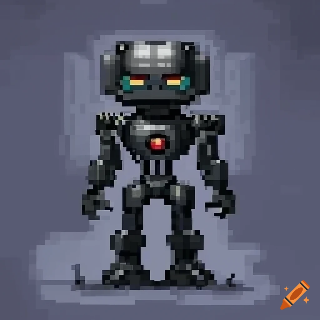 pixel art of a dark noir robot