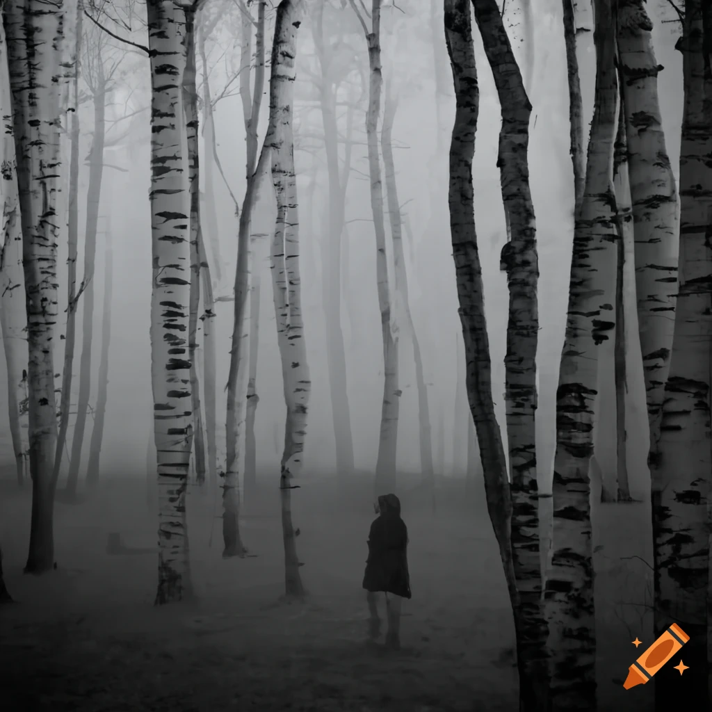 white birch forest in mist with creepy shadow figure