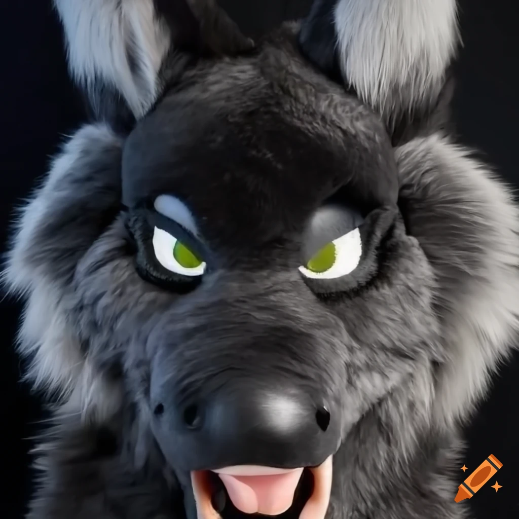 Close-up of a realistic black wolf fursuit head