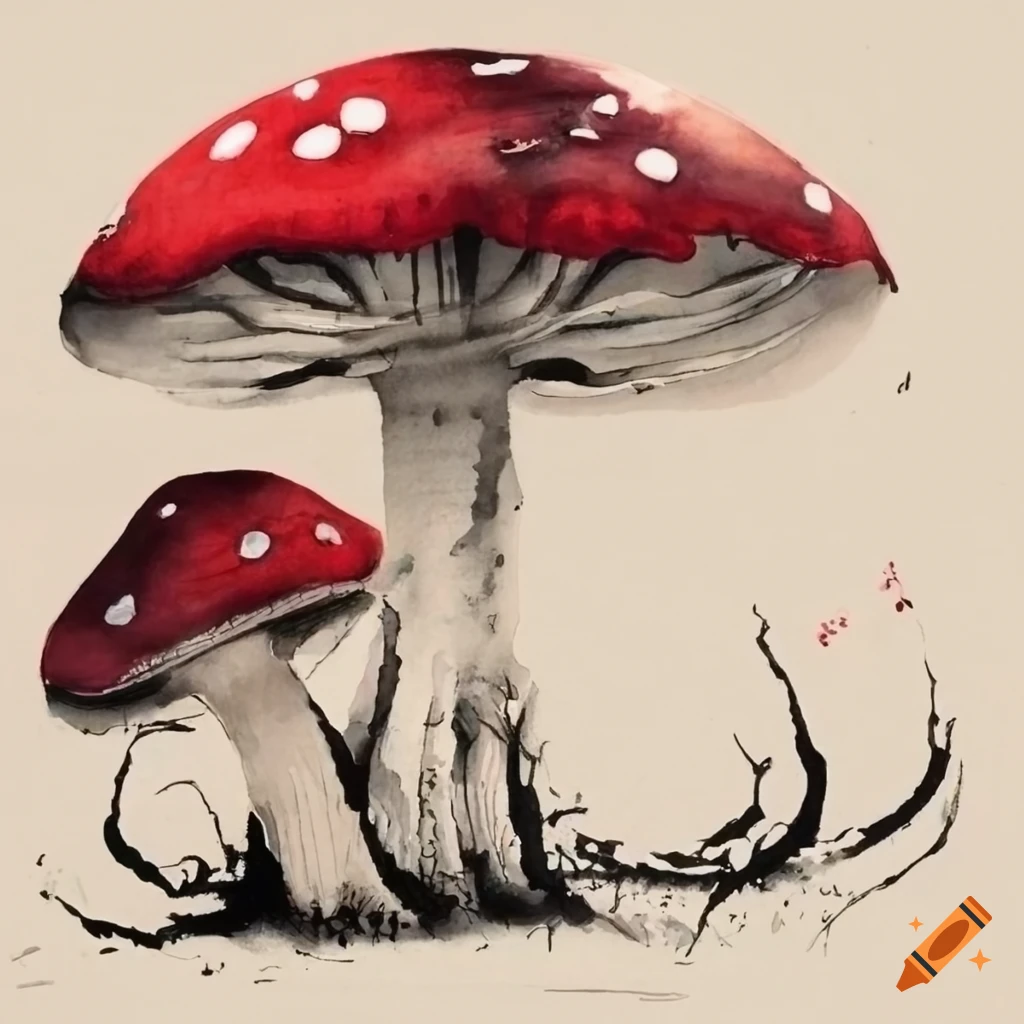 chinese ink painting of mushrooms