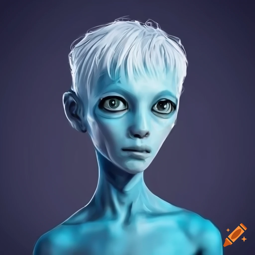 Portrait of a young alien boy with white hair and blue skin on Craiyon
