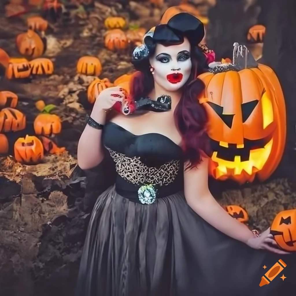 Halloween-themed pinup girl with jack-o-lanterns