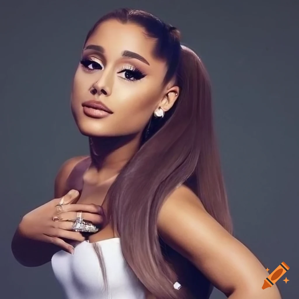 portrait of Ariana Grande with high ponytail and white boa