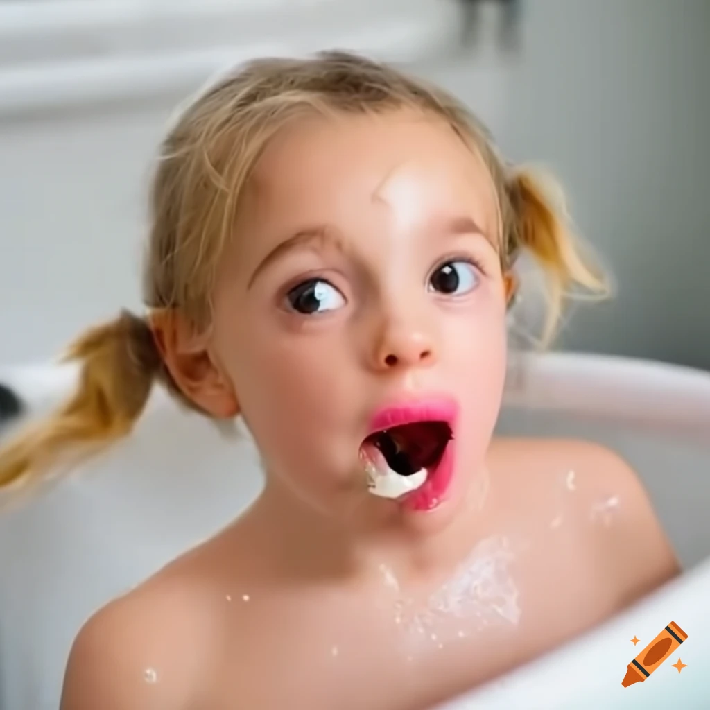 cute toddler girl in bath eating a popsicle
