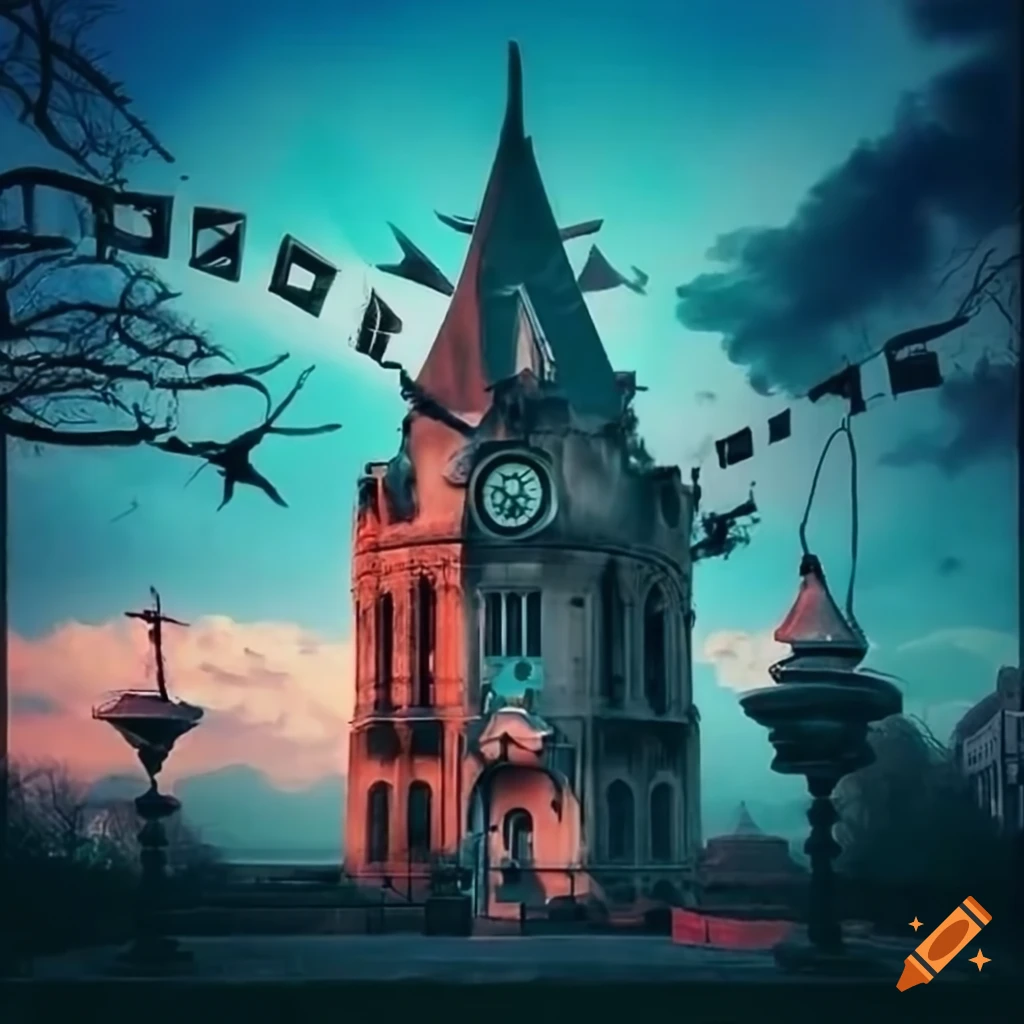 surrealist urban park with unique sculptures and lamps