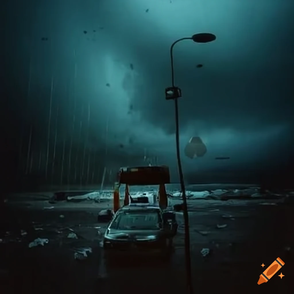 image of a sinister gas station in a hail storm