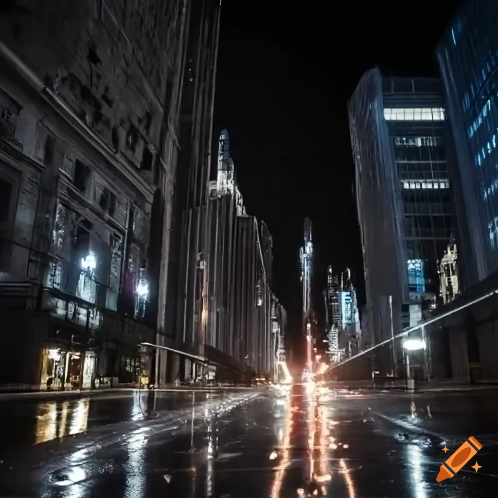 futuristic city street at night with puddles