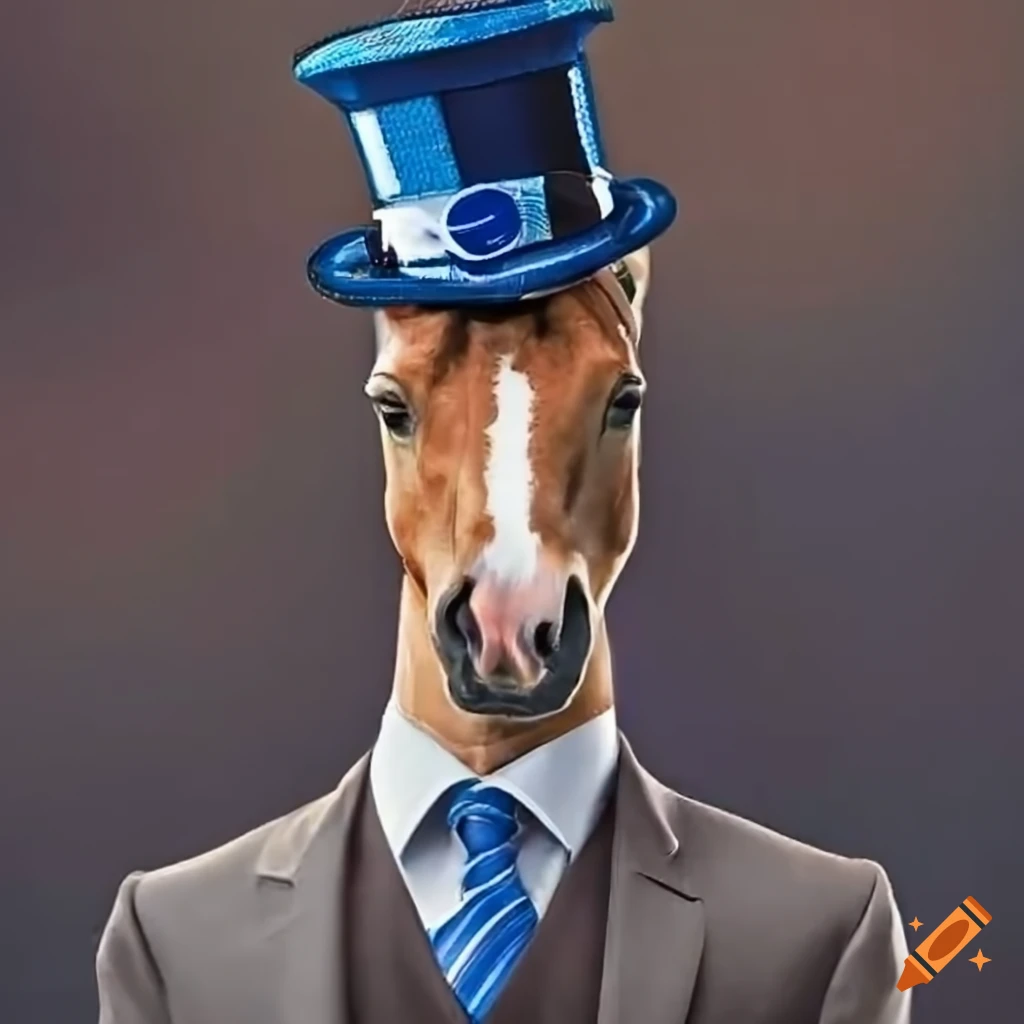 Sophisticated colt horse wearing a suit and top hat