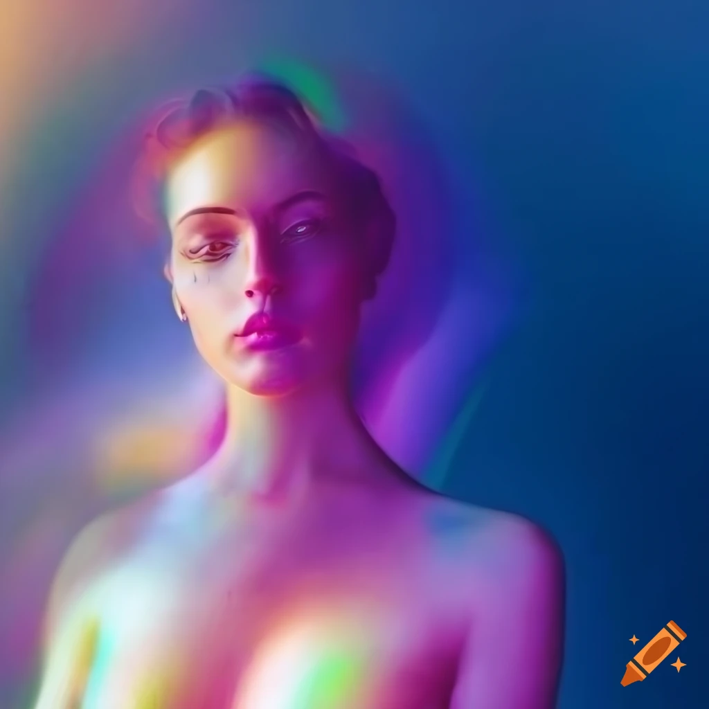 iridescent sculpture of a woman in a sunlit lake