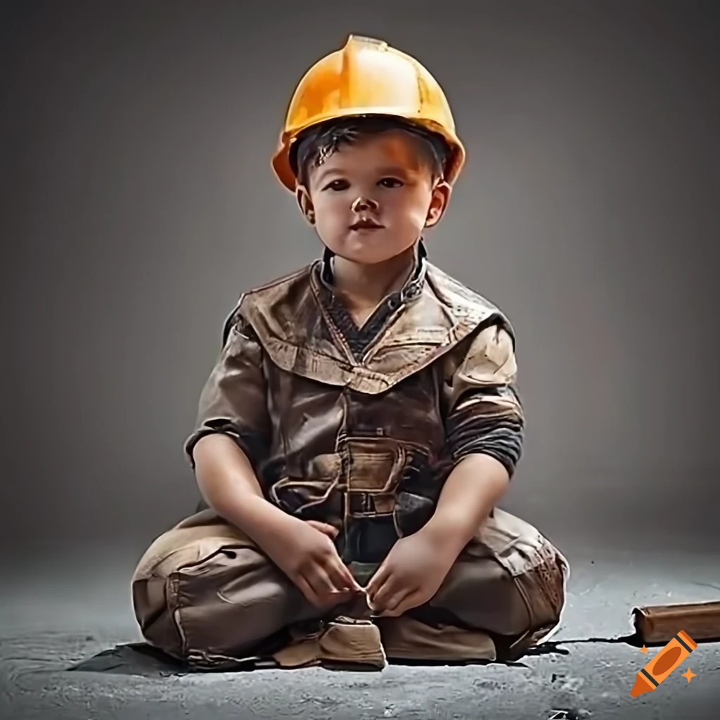 toddler boy wearing construction workwear on a building site